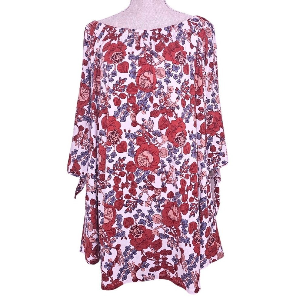Boho Jane Womens Floral A-Line Mini Dress 3/4 Sleeve Dark Red, Blue White Size L